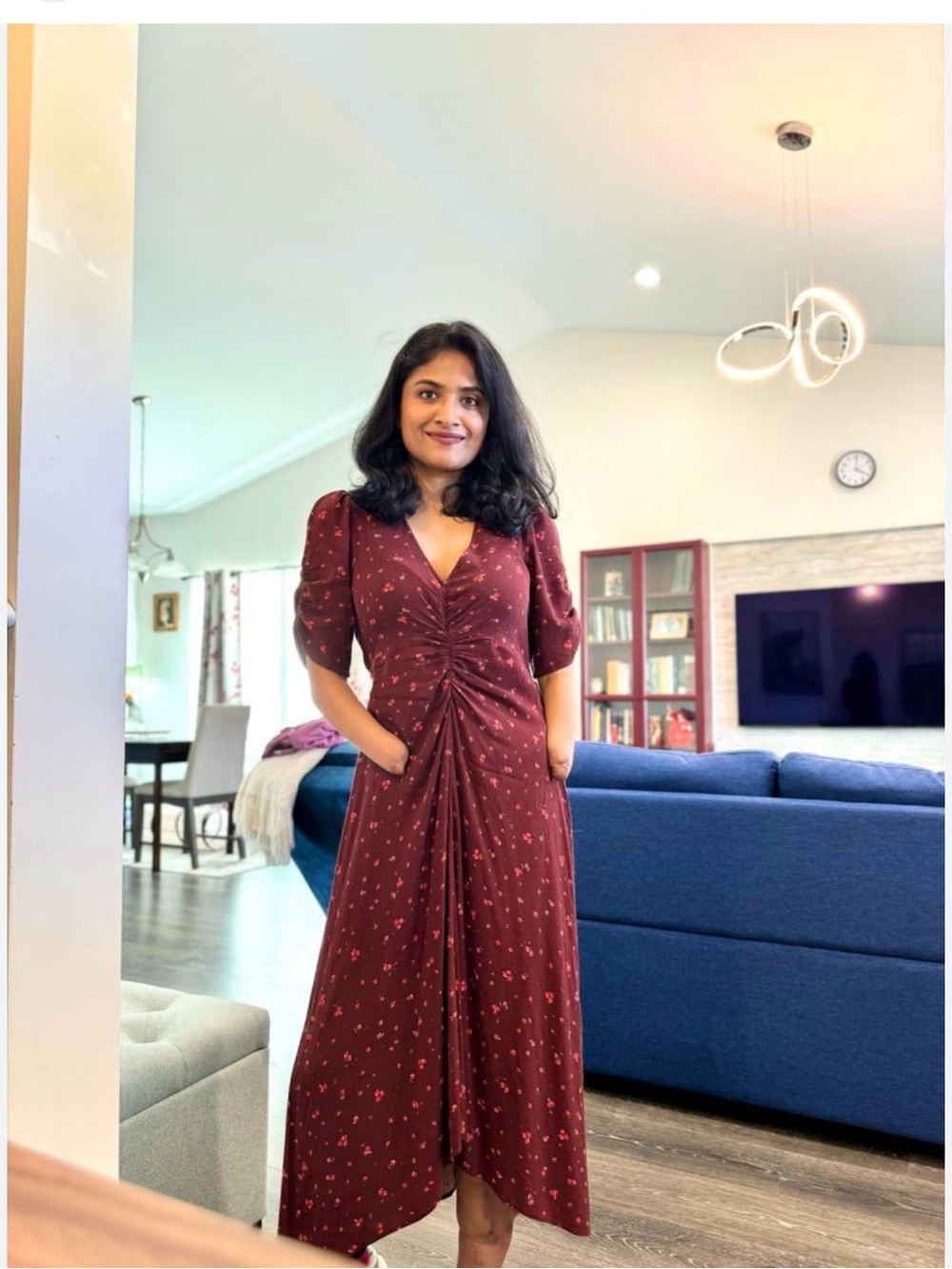 Old Navy Burgundy Maxi Dress with Red Floral Print